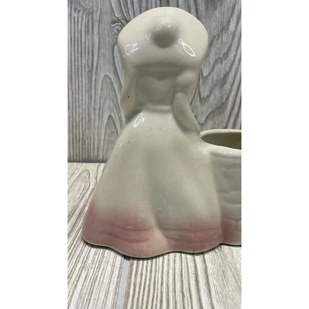 Vintage Ceramic Victorian Lady Planter Sun Hat Figurine Pink Blue Pastel Well